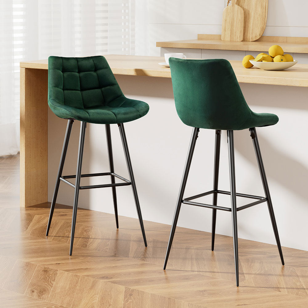 Korra 2x Bar Stools Velvet Chairs Green