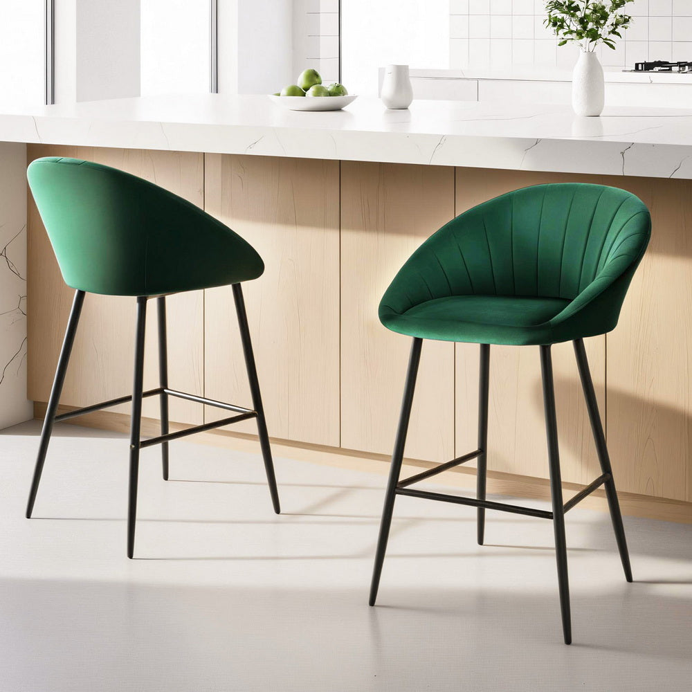 Korra 2x Bar Stools Kitchen Dining Chair Counter Stool Tub Velvet Metal Green