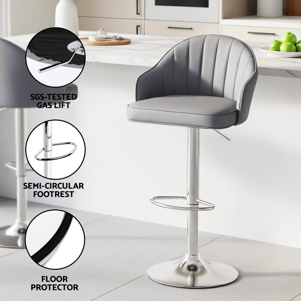 2x Bar Stools Kitchen Swivel Gas Lift - Shell Leather Grey