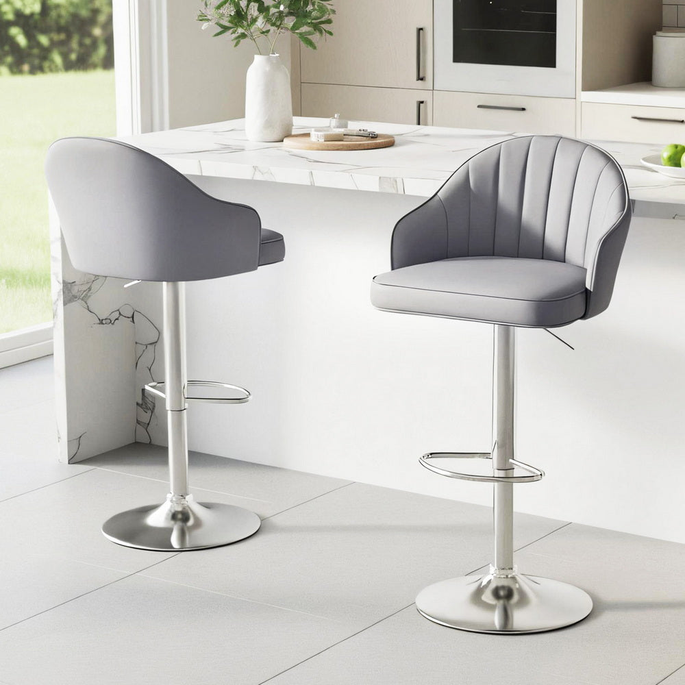 2x Bar Stools Kitchen Swivel Gas Lift - Shell Leather Grey