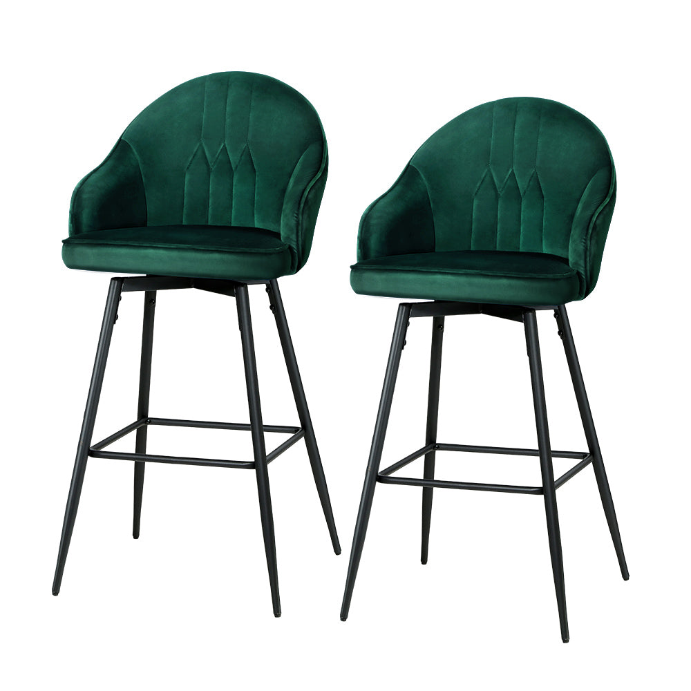 Korra 2x Bar Stools Velvet Swivel Metal Legs Green