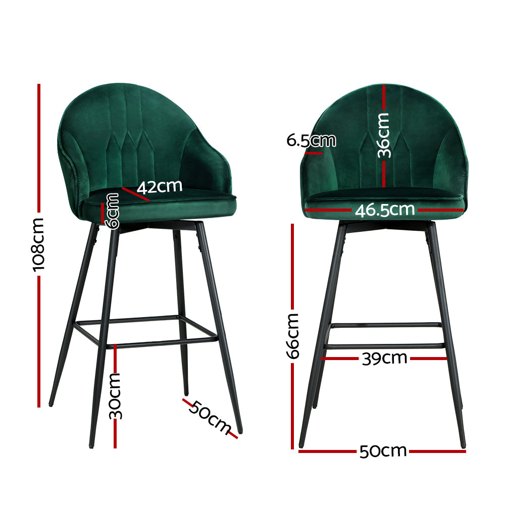 Korra 2x Bar Stools Velvet Swivel Metal Legs Green