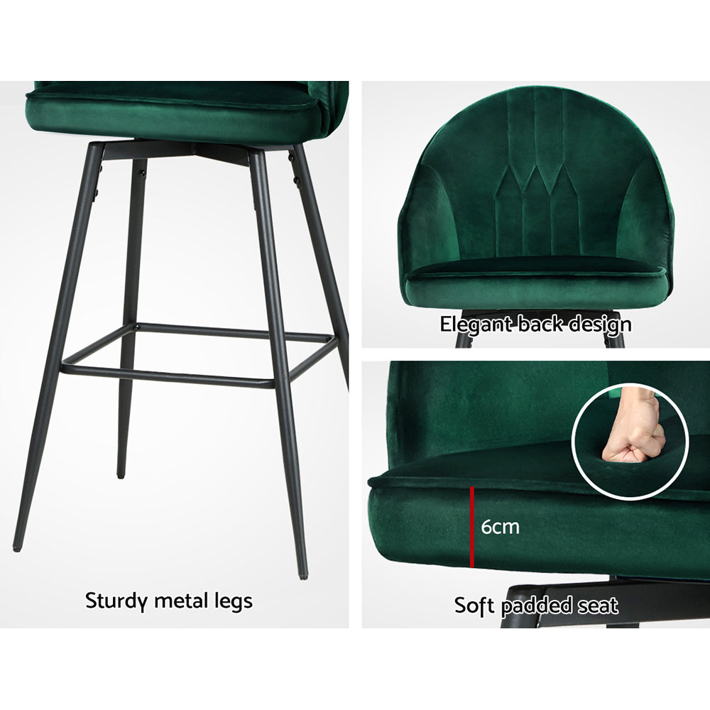 Korra 2x Bar Stools Velvet Swivel Metal Legs Green
