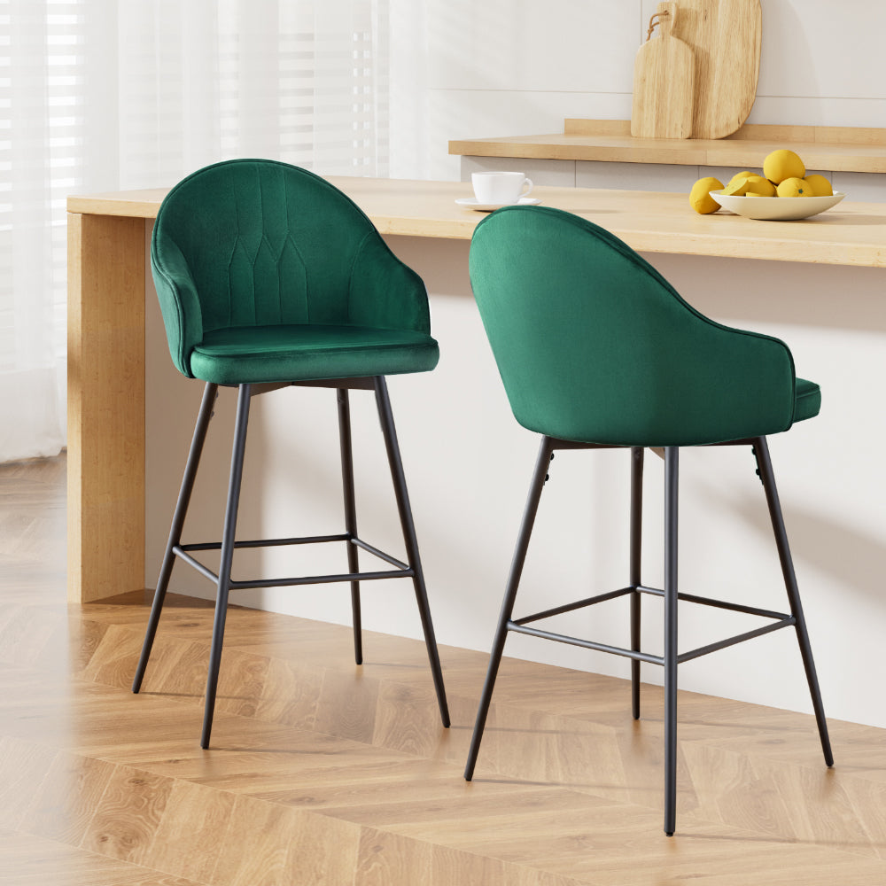 Korra 2x Bar Stools Velvet Swivel Metal Legs Green