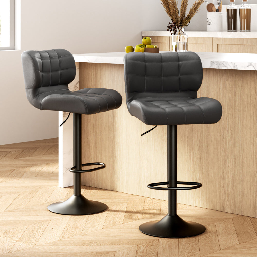 Korra 2x Bar Stools Gas Lift Leather Padded Grey