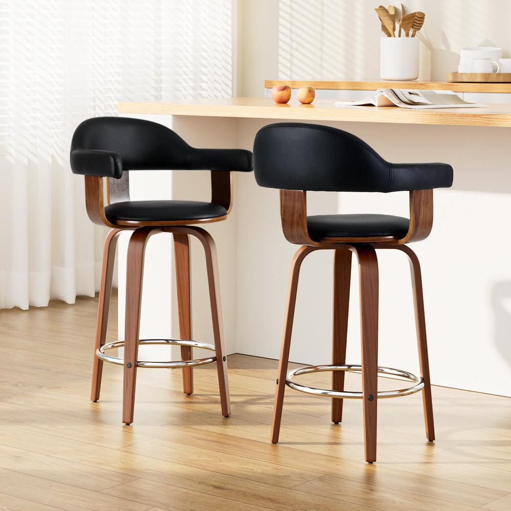 Korra 2x Bar Stools Leather Seat Wooden Legs