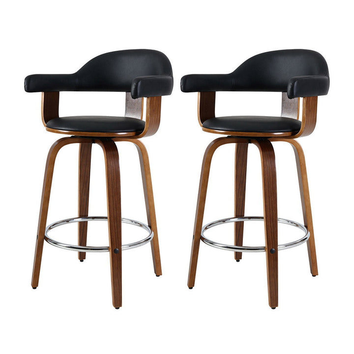 2x Bar Stools Leather Seat Wooden Legs