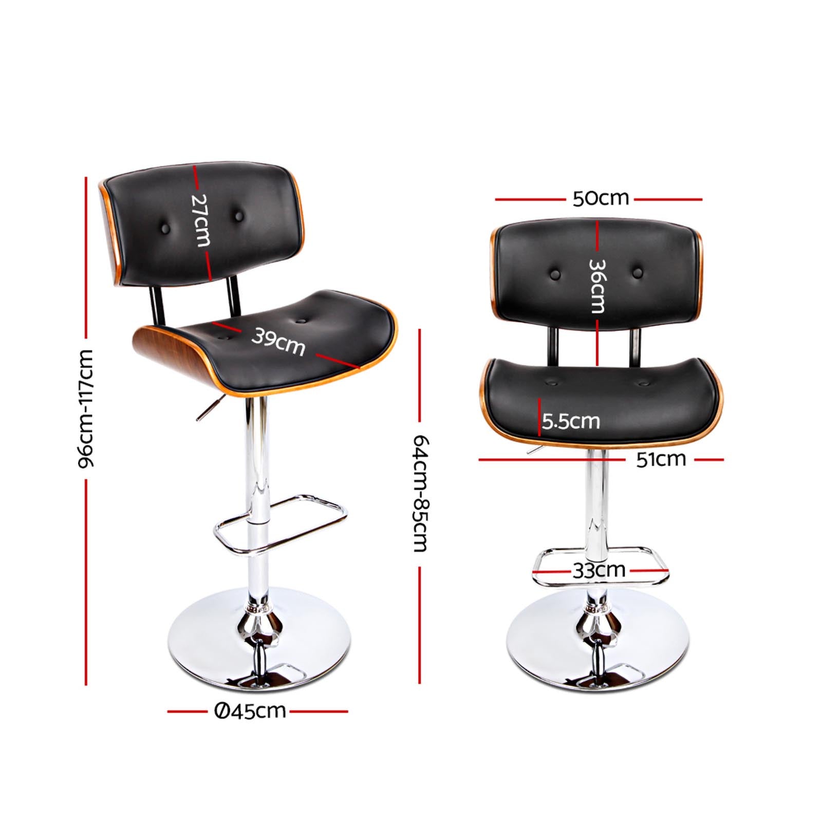 Korra 2x Bar Stools Gas Lift Leather Black