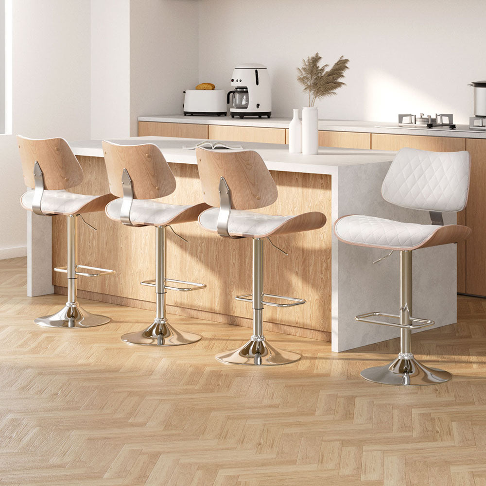 Korra 4x Bar Stools Kitchen Dining Chairs Gas Lift Stool Wooden Leather White