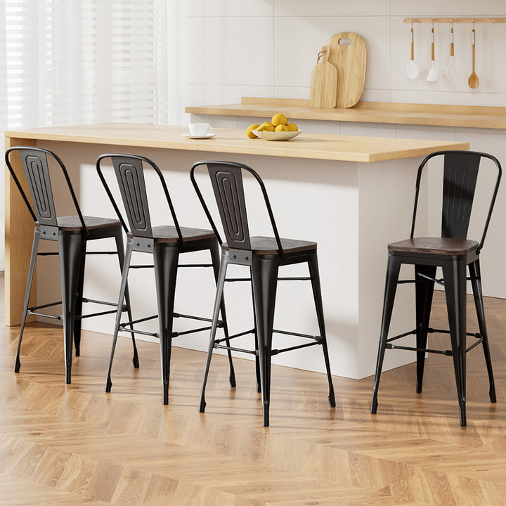 4x Korra Metal Bar Stools Wooden Seat Retro Counter Stool