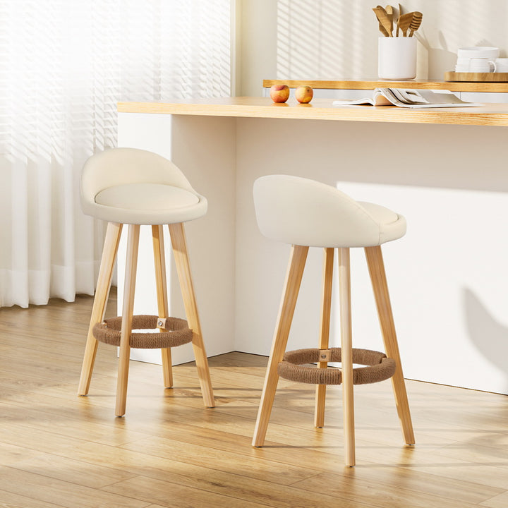 Korra 2x Bar Stools Padded Leather Wooden Beige
