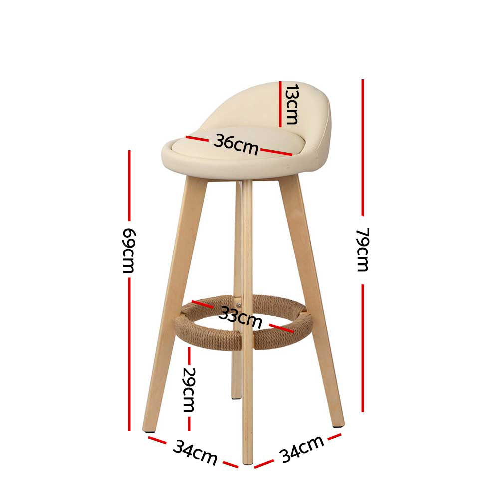 Korra 2x Bar Stools Padded Leather Wooden Beige
