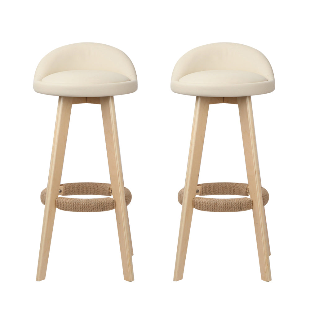 Korra 2x Bar Stools Padded Leather Wooden Beige