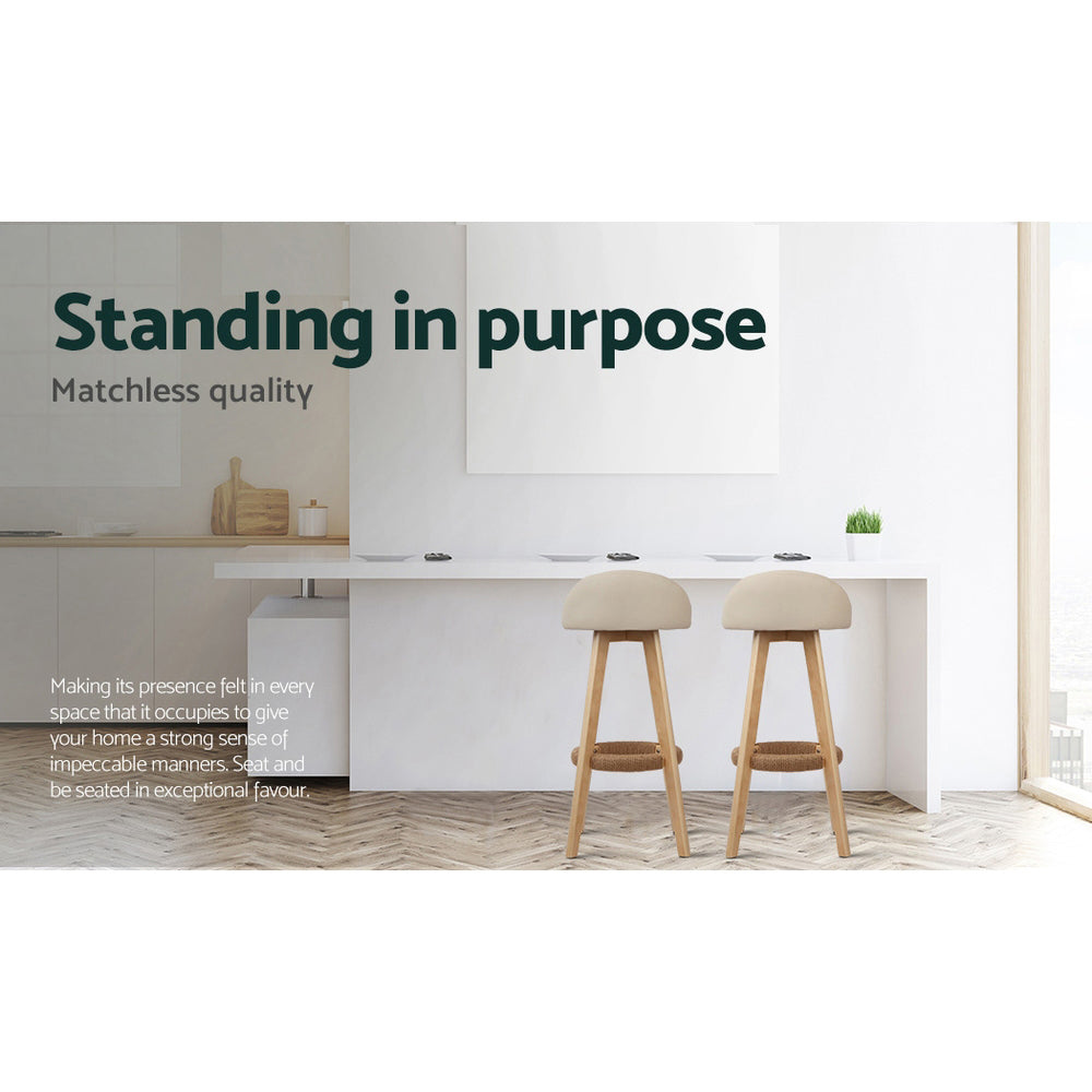 Korra 2x Bar Stools Padded Leather Wooden Beige