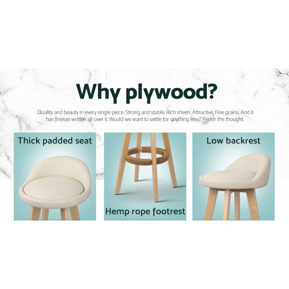 Korra 2x Bar Stools Padded Leather Wooden Beige