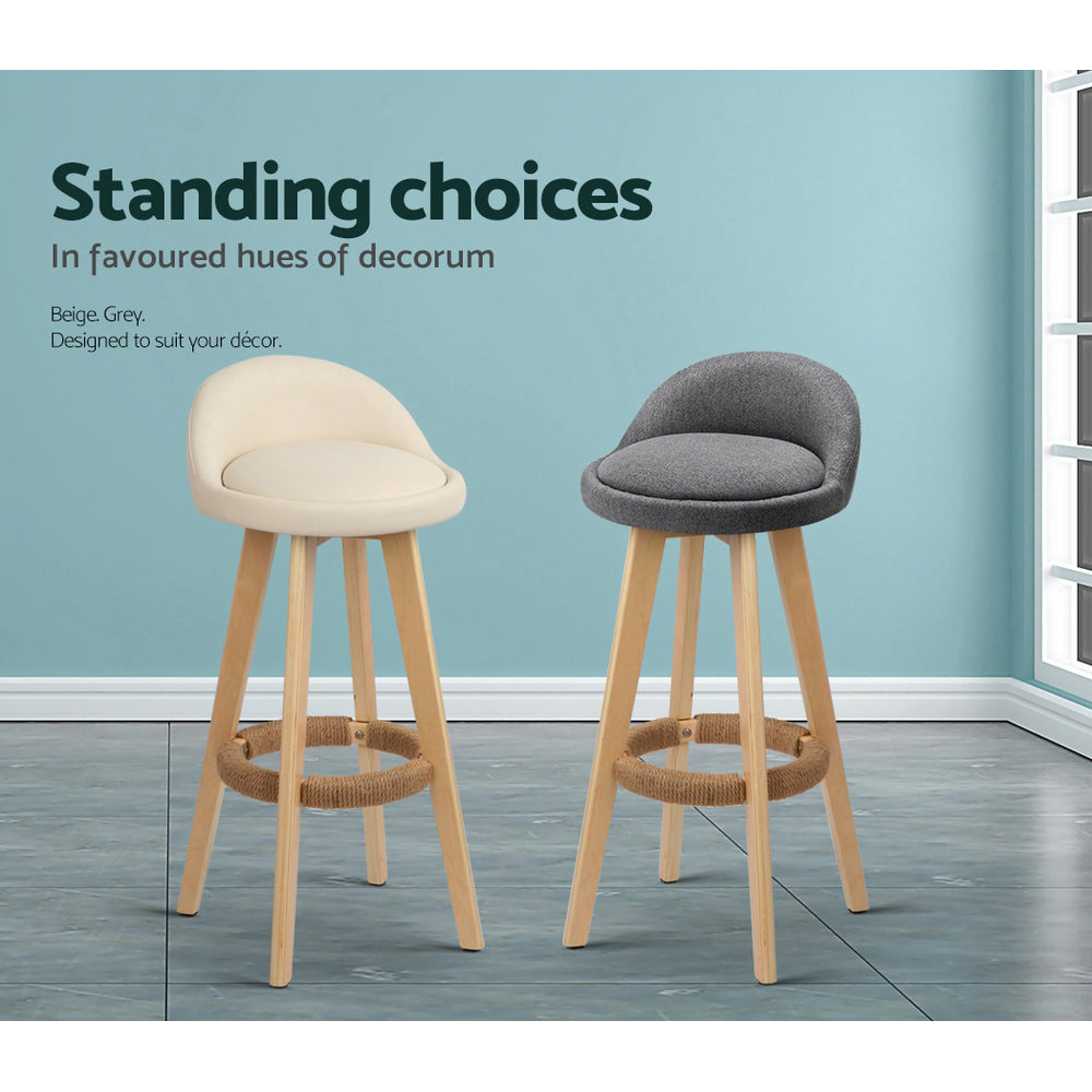 Korra 2x Bar Stools Padded Leather Wooden Beige