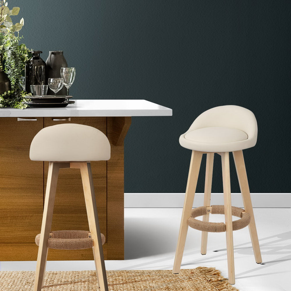 Korra 2x Bar Stools Padded Leather Wooden Beige