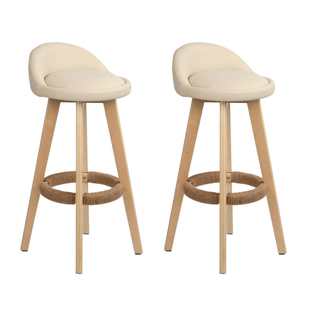 Korra 2x Bar Stools Padded Leather Wooden Beige