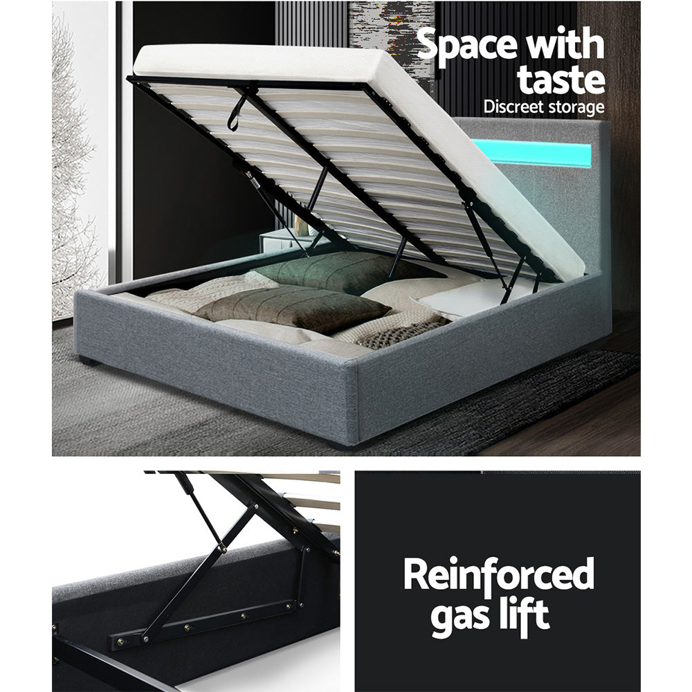 Korra Bed Frame Double Size LED Gas Lift Grey COLE