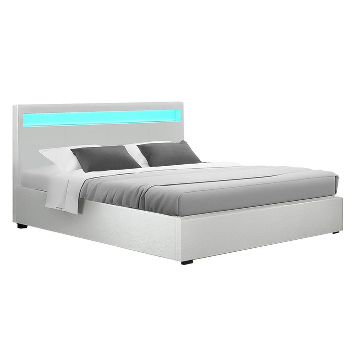Korra Bed Frame Double Size LED Gas Lift White COLE