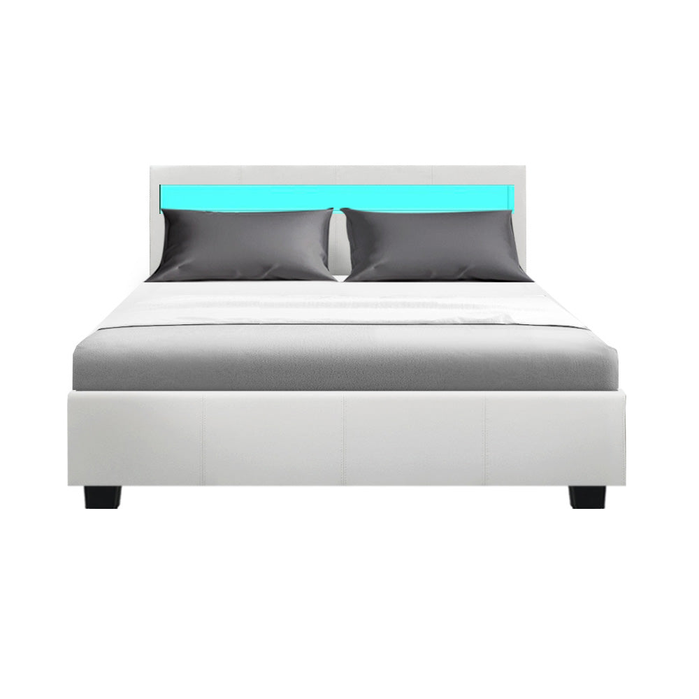 Korra Bed Frame Double Size LED Gas Lift White COLE