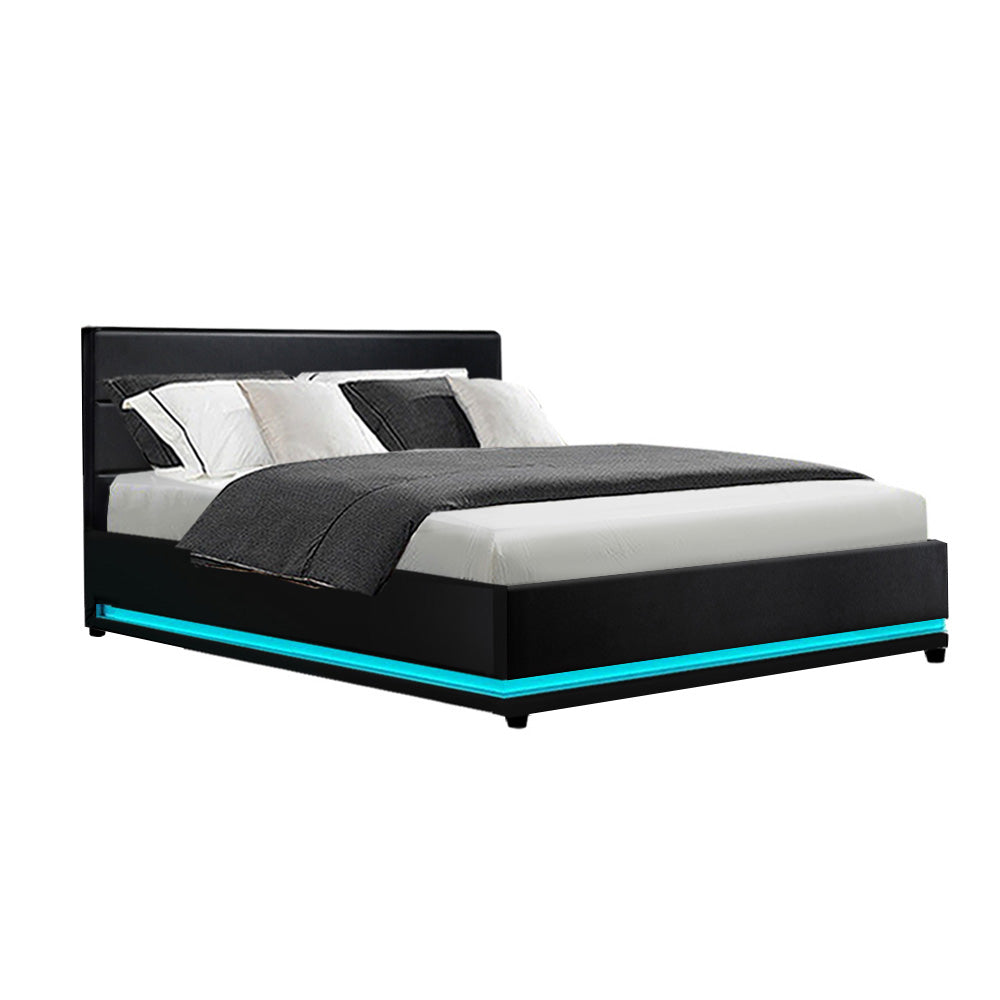 Korra Bed Frame Double Size LED Gas Lift Black LUMI