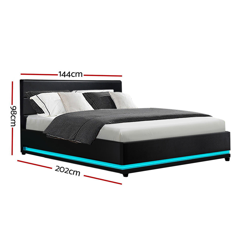 Korra Bed Frame Double Size LED Gas Lift Black LUMI