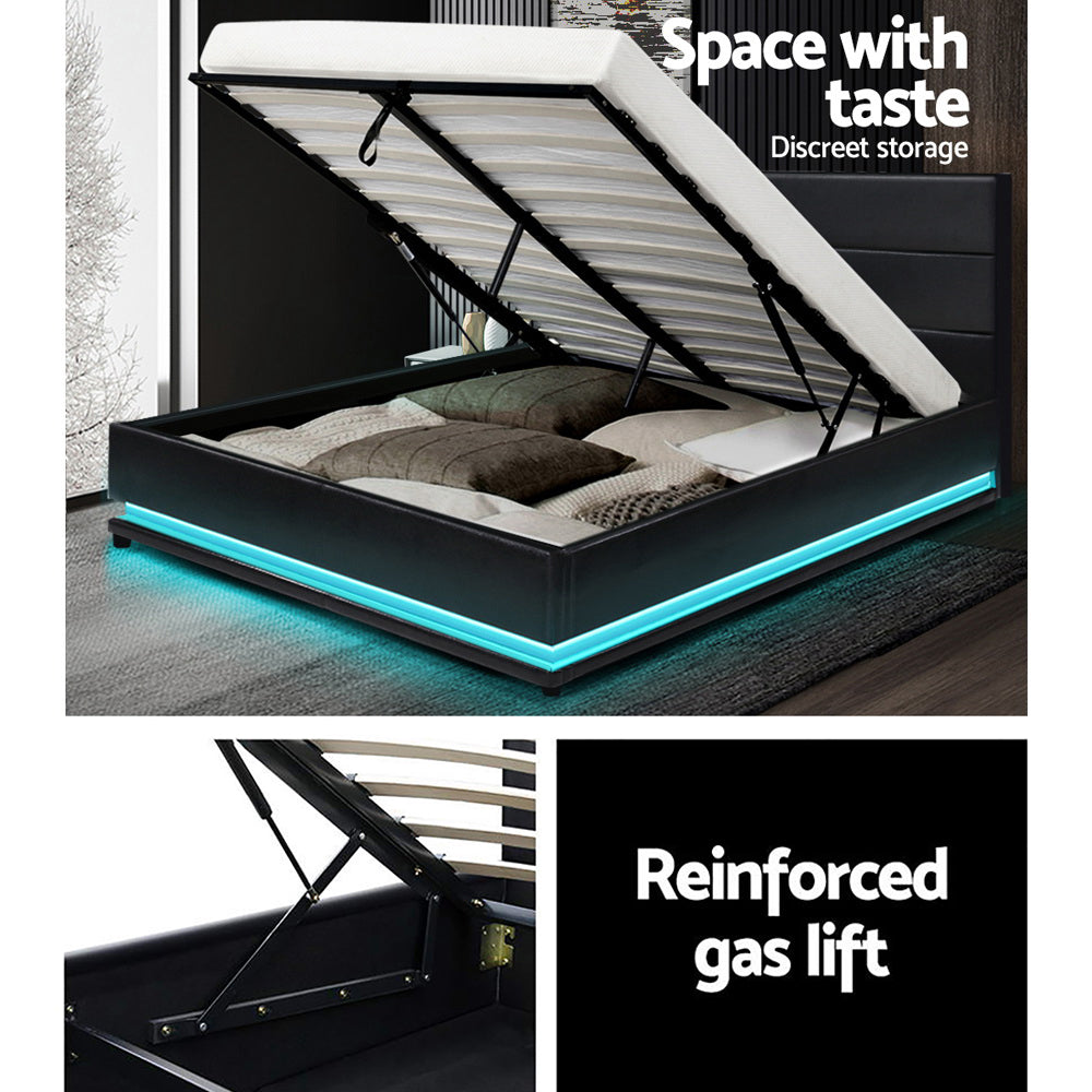 Korra Bed Frame Double Size LED Gas Lift Black LUMI