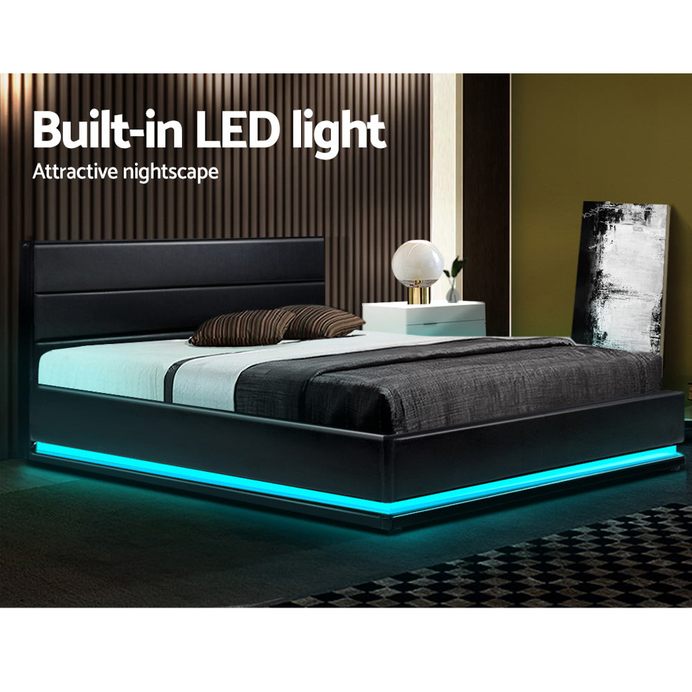Korra Bed Frame Double Size LED Gas Lift Black LUMI