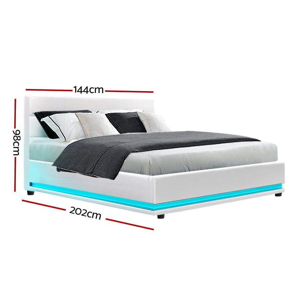 Korra Bed Frame Double Size LED Gas Lift White LUMI