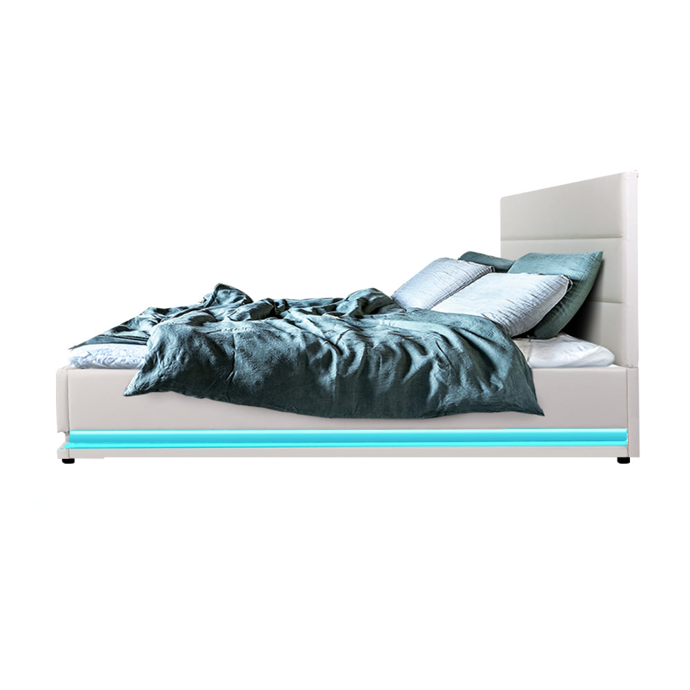 Korra Bed Frame Double Size LED Gas Lift White LUMI