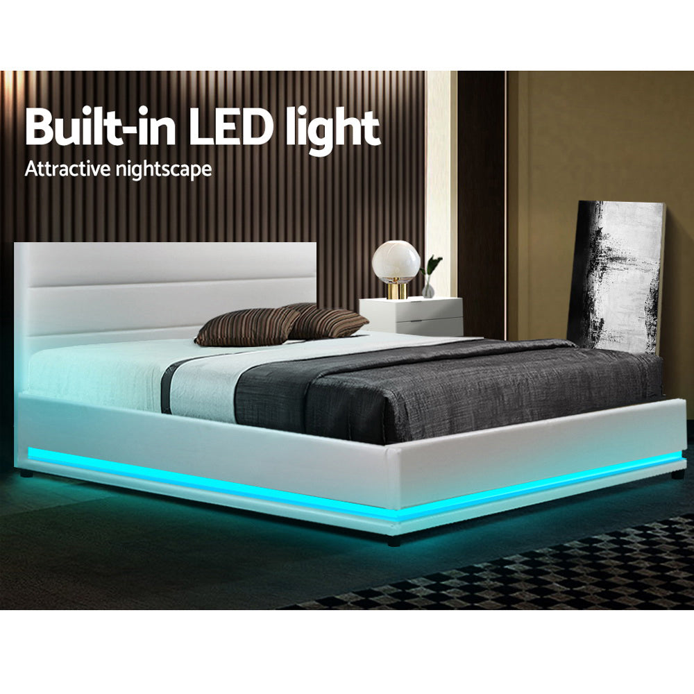 Korra Bed Frame Double Size LED Gas Lift White LUMI