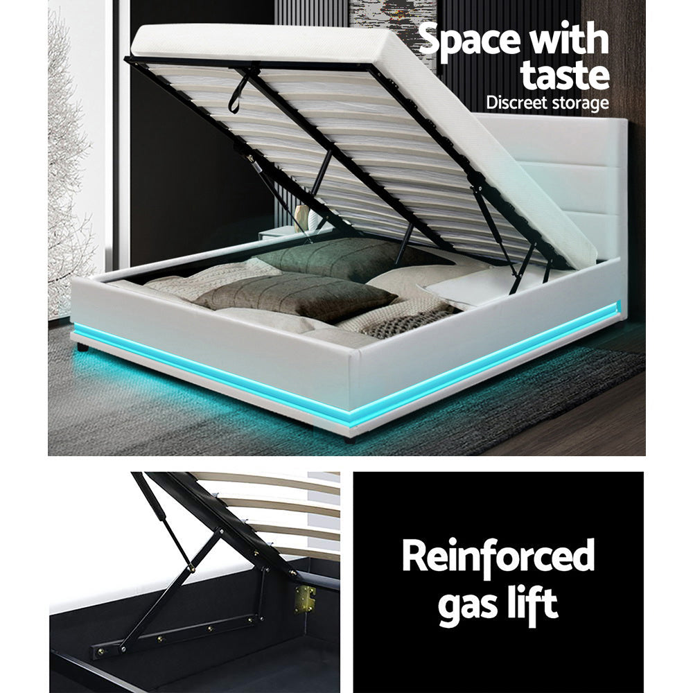 Korra Bed Frame Double Size LED Gas Lift White LUMI