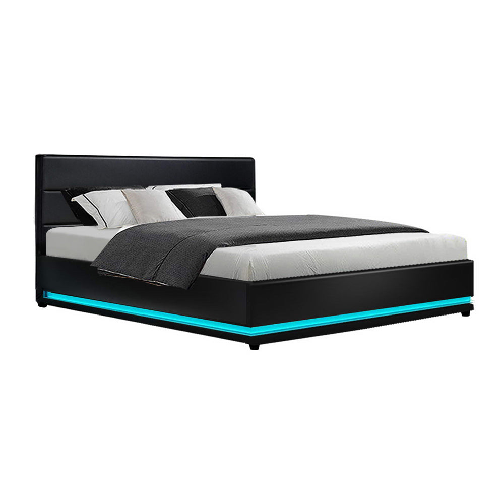 Korra Bed Frame King Size LED Gas Lift Black LUMI