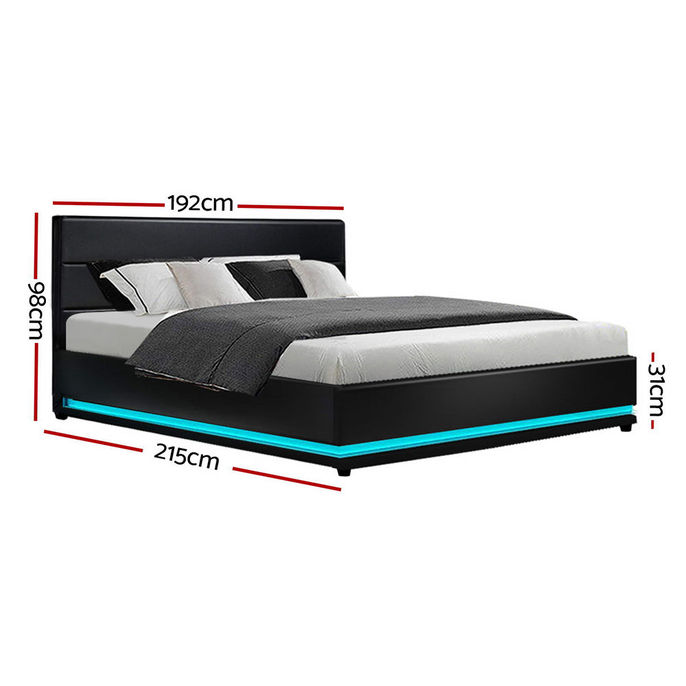 Korra Bed Frame King Size LED Gas Lift Black LUMI