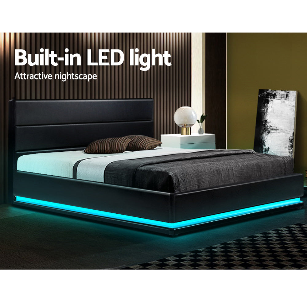 Korra Bed Frame King Size LED Gas Lift Black LUMI