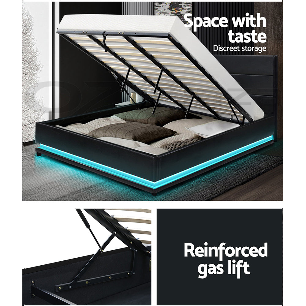 Korra Bed Frame King Size LED Gas Lift Black LUMI