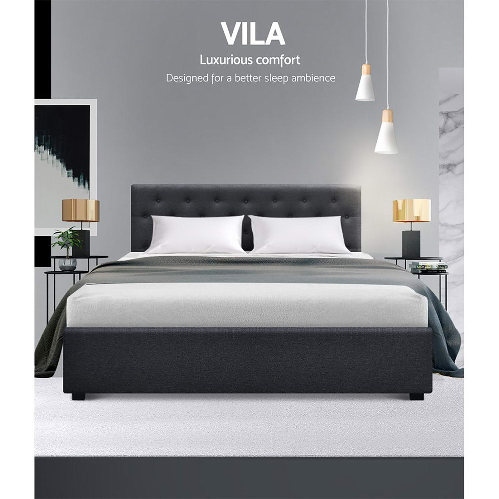 Korra Bed Frame Queen Size Gas Lift Charcoal VILA