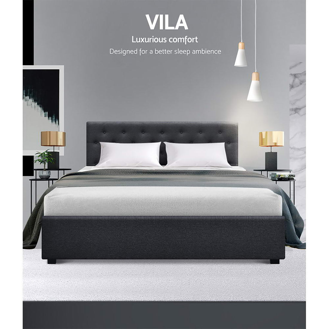 Korra Bed Frame Queen Size Gas Lift Charcoal VILA