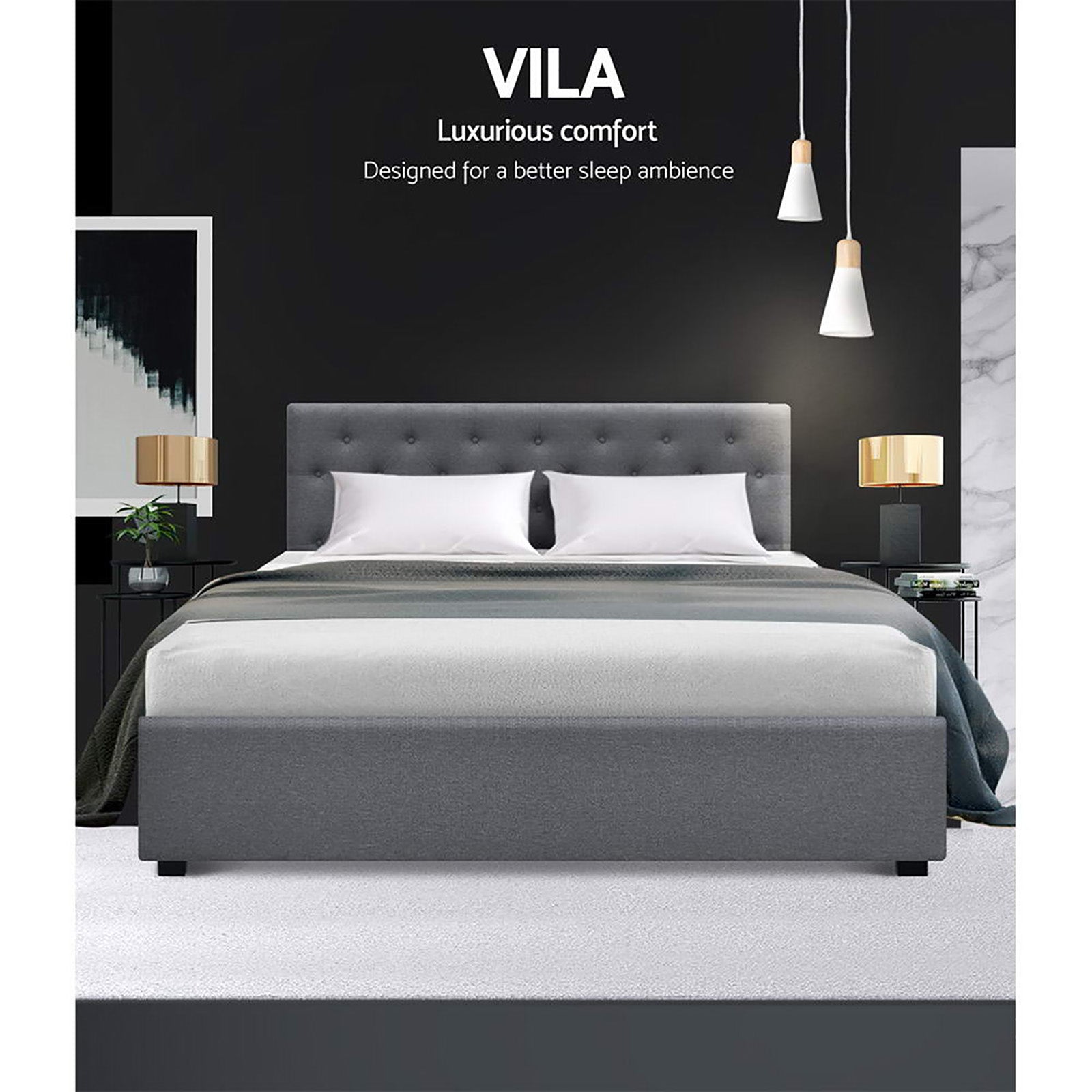 Korra Bed Frame Queen Size Gas Lift Grey VILA