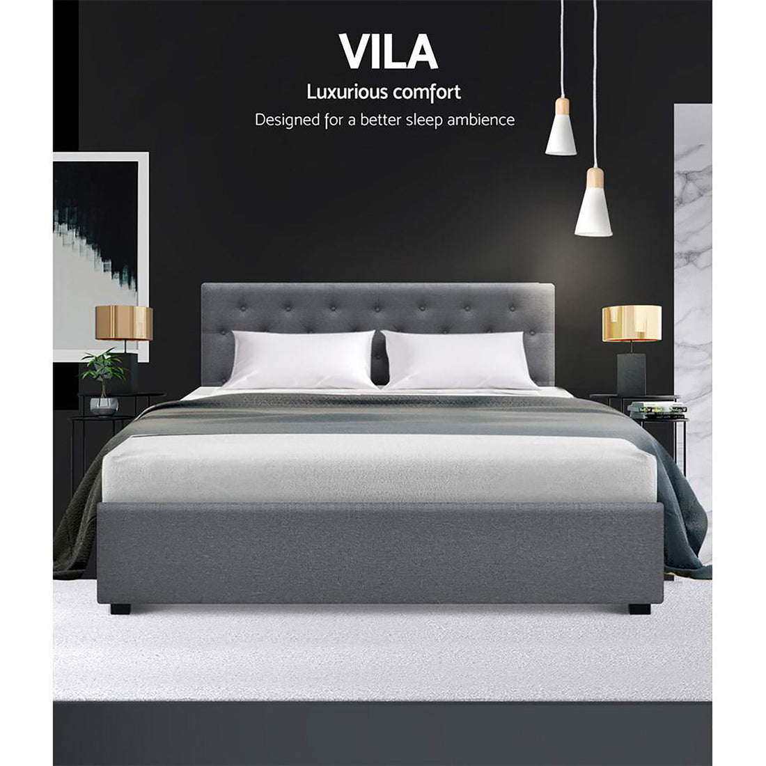 Korra Bed Frame Queen Size Gas Lift Grey VILA