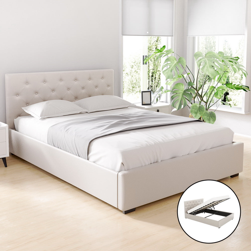 Korra Bed Frame Double Size Gas Lift Beige VILA