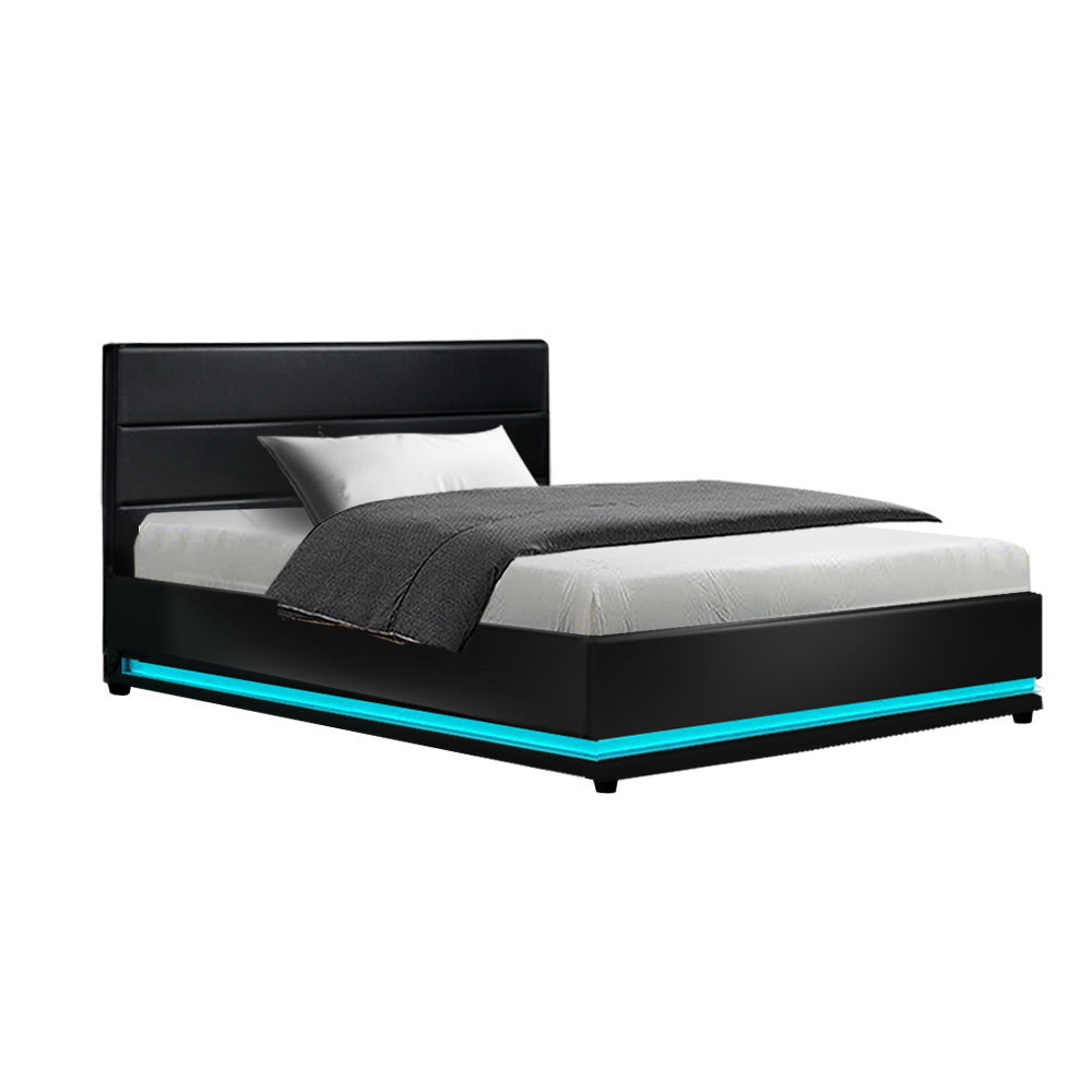 Korra Bed Frame King Single Size LED Gas Lift Black LUMI