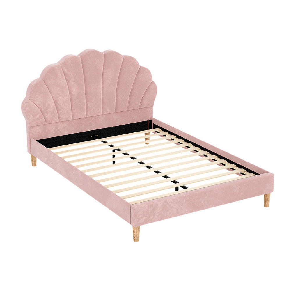 Korra Bed Frame Double Size Scallop-Shape Bedhead Beds Base Pink Velvet Fabric