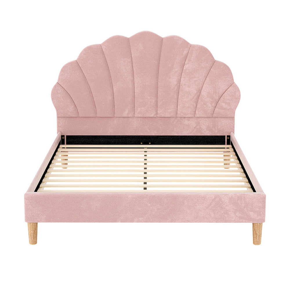 Korra Bed Frame Double Size Scallop-Shape Bedhead Beds Base Pink Velvet Fabric