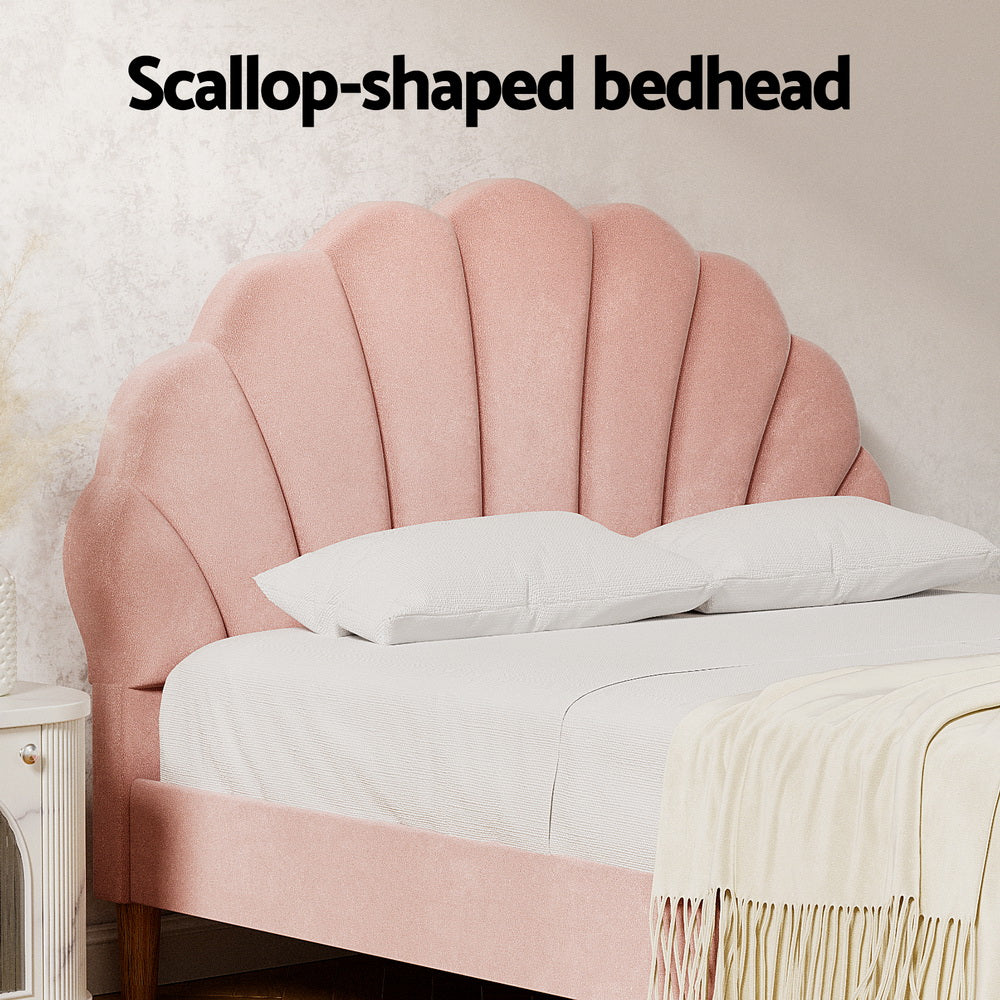 Korra Bed Frame Double Size Scallop-Shape Bedhead Beds Base Pink Velvet Fabric