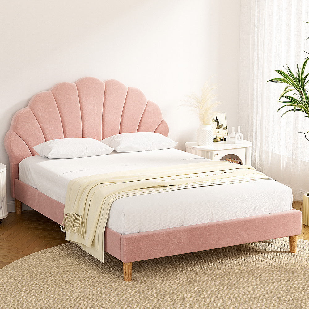 Korra Bed Frame Double Size Scallop-Shape Bedhead Beds Base Pink Velvet Fabric