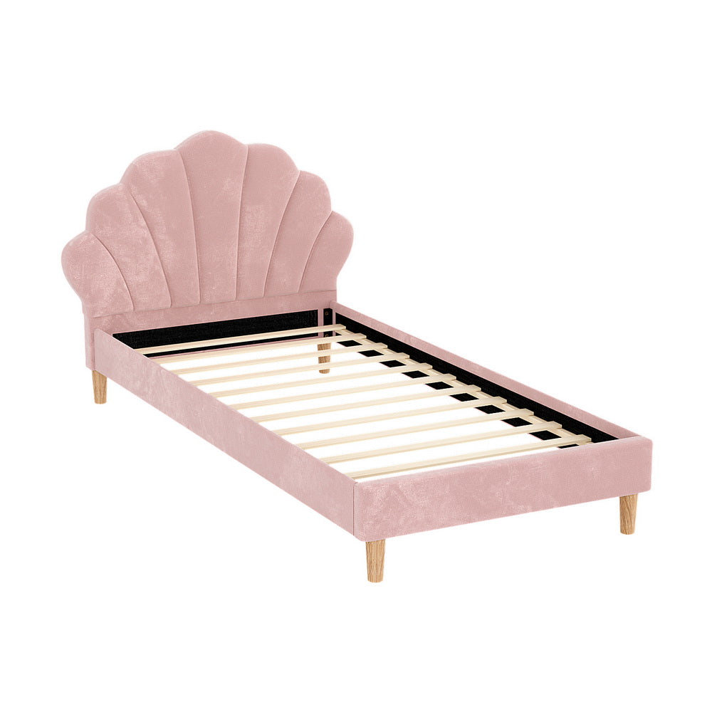 Korra Bed Frame King Single Size Scallop-Shape Bedhead Beds Base Pink Velvet Fabric