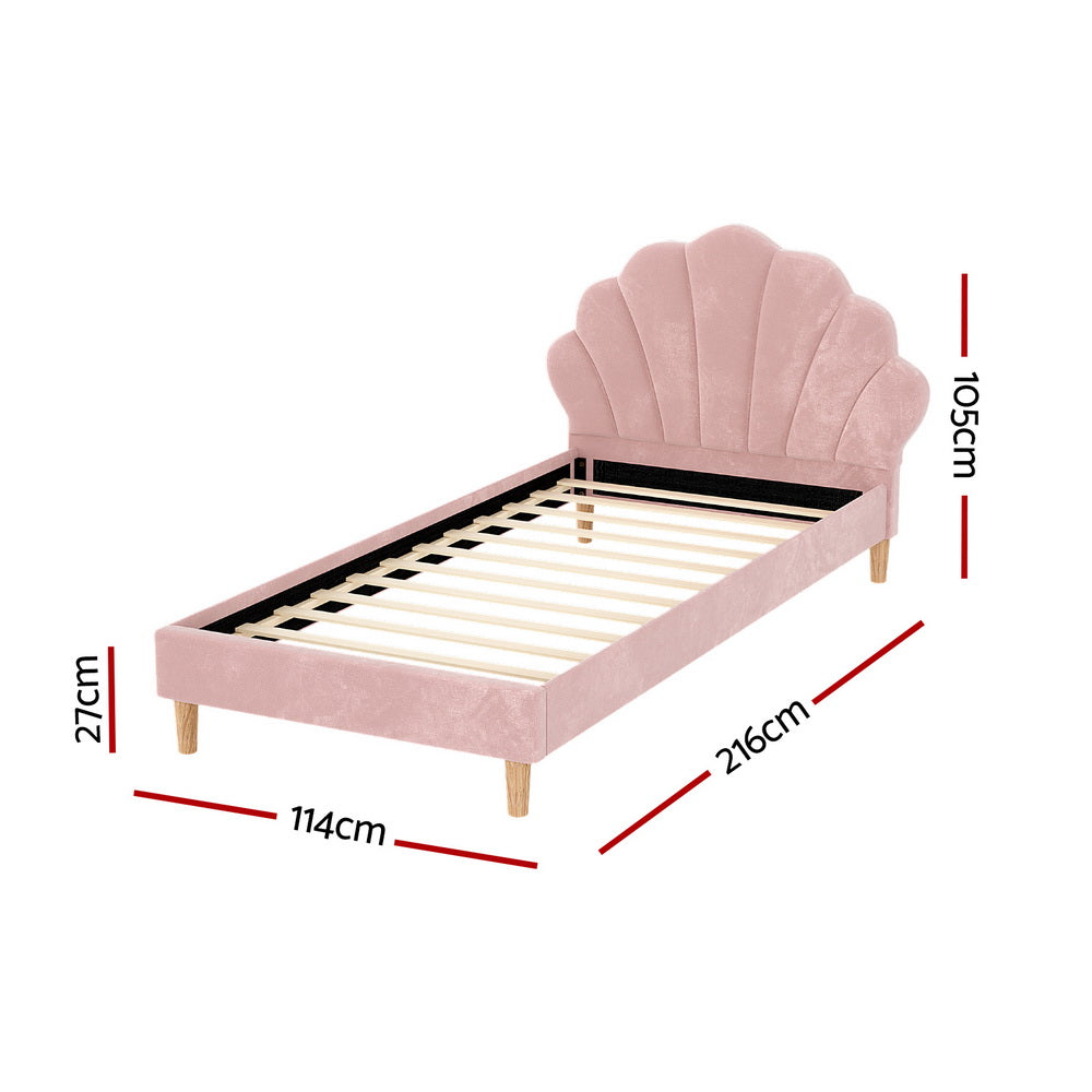 Korra Bed Frame King Single Size Scallop-Shape Bedhead Beds Base Pink Velvet Fabric