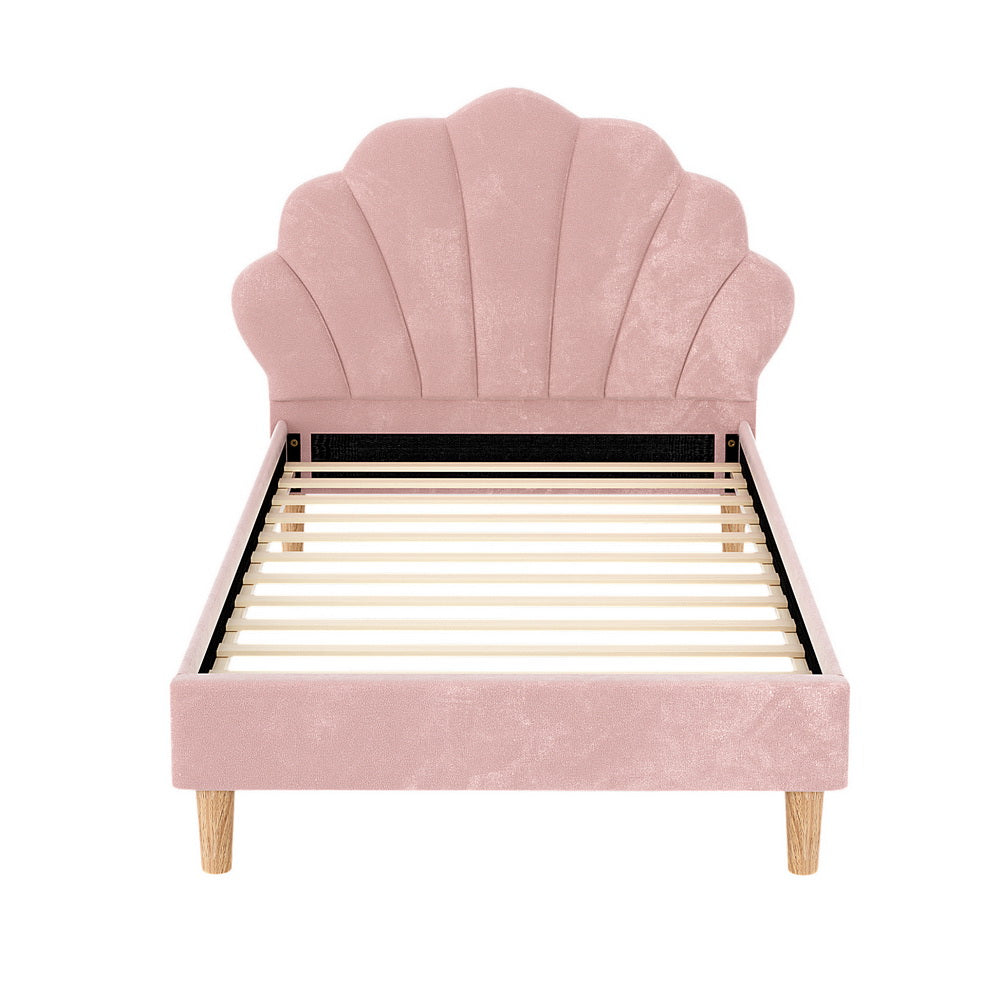 Korra Bed Frame King Single Size Scallop-Shape Bedhead Beds Base Pink Velvet Fabric